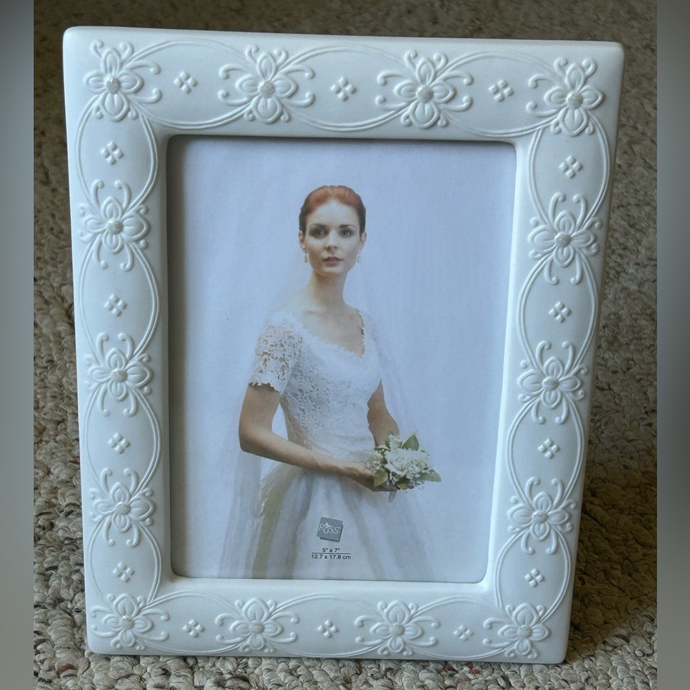 Russ Berrie White Floral Embossed ceramic Frame